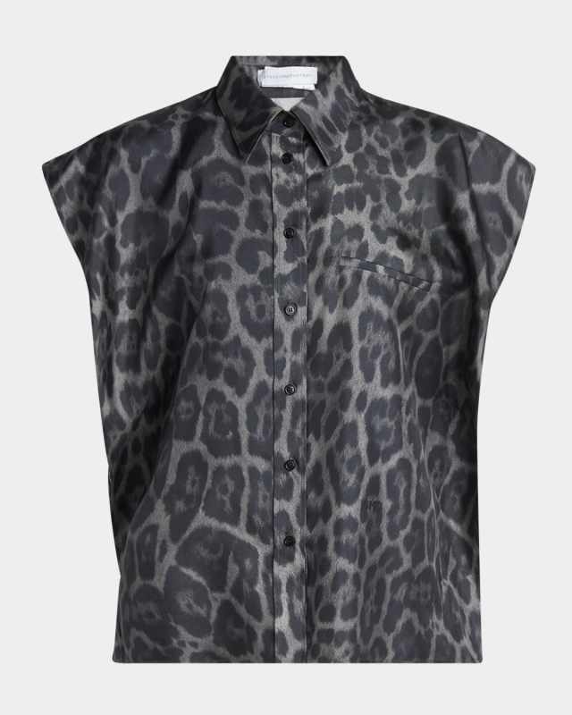 Leopard-Print Silk Cap-Sleeve Button-Down Top